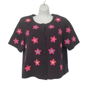 VTG. Bechamel Black Embroidered Floral Sweater Cotton Cardigan Top Women's L